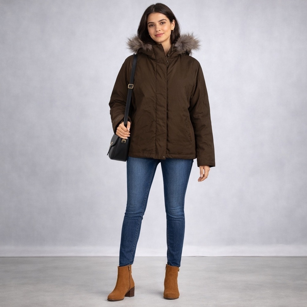 NEW DKNY Brown Faux Fur Hooded Puffer Zip Up Jacket Size Large